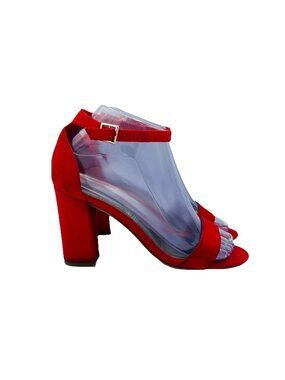 Worthington Womens Shoes Size 6 M Red Faux Suede Block High Heels Ankle Strap